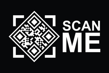 Obraz premium Centered black-and-white QR code with four angled white square frames, 'SCAN ME' text below. Clean, modern, minimalist design in high-contrast monochrome. Ideal for tech, marketing