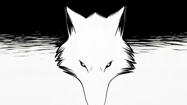 White wolf head with a stylized, minimalist aesthetic on black and white background, set above undulating water ripples effect.