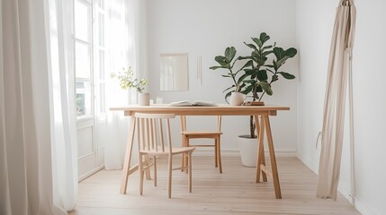 Scandinavian minimalist office space featuring a wooden desk, natural lighting, and neutral-colored decor, evoking calm productivity