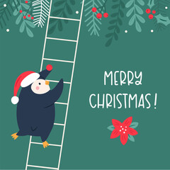 Cute Hand Drawn Christmas Card with Funny Penguin. Winter Holiday Illustration for Seasonal Greetings