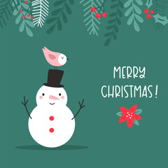 Cute Hand Drawn Christmas Card with Funny snowman and Little Bird. Winter Holiday Illustration for Seasonal Greetings