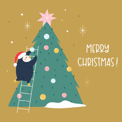 Cute Hand Drawn Christmas Card with Funny Penguin Decorating Christmas Tree. Fun Winter Holiday Illustration for Seasonal Greetings