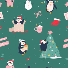 Cute Christmas Penguin Seamless Pattern with Gifts, Snowman, and Holiday Decorations.