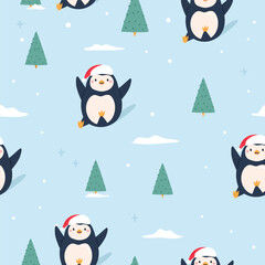 Cute Christmas Pattern with Penguins in Santa Hats Sliding in the Forest. Festive Illustration for Holiday Wrapping Paper, Gift Boxes, Textile