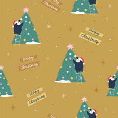 Cute Christmas Pattern with Penguins Decorating Christmas Trees. Festive Illustration for Holiday Wrapping Paper, Gift Boxes, Textile