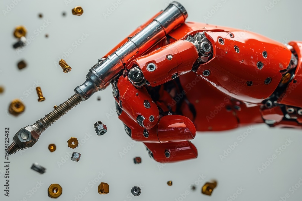 Poster Red robotic hand holding a metallic screw with various nuts and bolts scattered around in a modern industrial setting