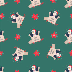 Cute Christmas Pattern with Snowman in Hats, Pink Birds Forest Trees. Festive Illustration for Holiday Wrapping Paper, Gift Boxes, Textile