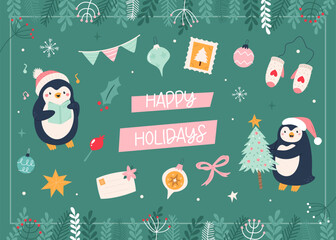 Cute Penguin Christmas Card. Happy Holidays Illustration with Winter Decorations. Seasonal Greeting Card