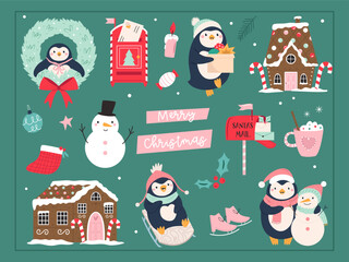 Cute Penguin Christmas Card. Happy Holidays Illustration with Winter Decorations