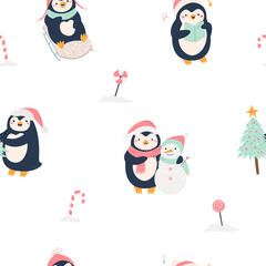 Cute Christmas Pattern with Penguins, Christmas Trees, Candy and Snowman