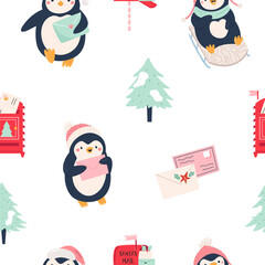 Cute Christmas Penguin Seamless Pattern with Letters, Mails to Santa
