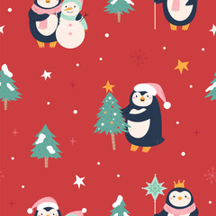 Cute Christmas Pattern with Penguins, Christmas Trees and Snowman