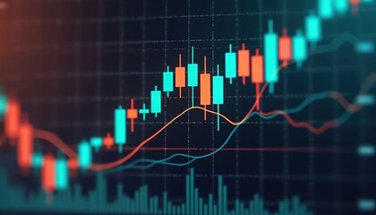 Fototapeta premium Vibrant financial chart illustrates stock market trends and trading activity. Showcasing investment dynamics with percentage values, command signals and statistic data display.