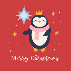 Cute Hand Drawn Christmas Card with Funny Caroler Penguin