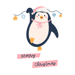 Funny Christmas Card with Adorable Penguin in a Santa Hat Hanging on Garland
