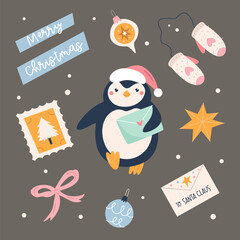 Cute Penguin Christmas Card. Happy Holidays Illustration with Winter Decorations