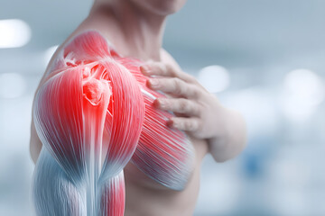 Shoulder pain anatomy, highlighting muscle and joint inflammation with a red overlay.
