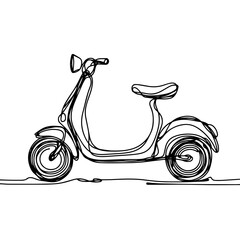 Minimalist line art of a vintage scooter with distinctive circular wheels, set against a plain white background, concept of urban transportation or art supplies