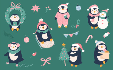 Cute Collection of Christmas Penguin Characters Preparing for Holiday