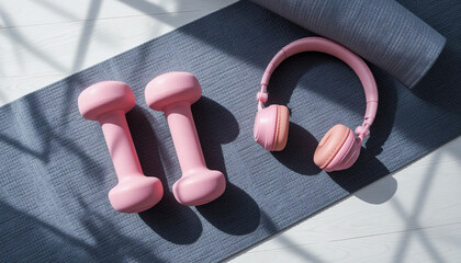 Pink dumbbells and headphones on grey yoga mat, morning light shadows, home workout fitness still life, healthy lifestyle concept.