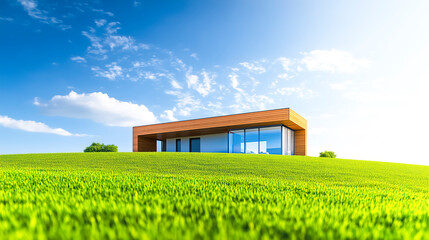 Modern minimalist house on a green hill with a lone tree.