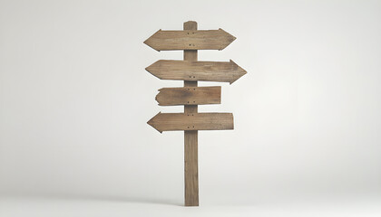 Wooden signpost with arrow-shaped markers on white background