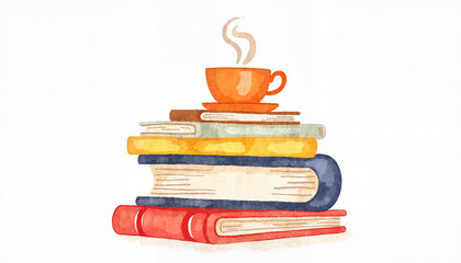 Naklejka premium Stack of colorful books with steaming coffee cup on top, for reading-themed content 