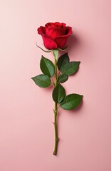 Obraz premium Top view of a single red rose with green leaves. Beautiful flower with long stem, petals on pink background. Ideal for romantic designs, Valentine Day, wedding, love concept.