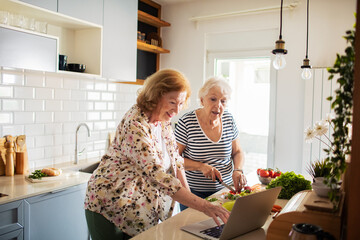 Senior lesbian couple cooking healthy food together while following a recipe on laptop in modern kitchen