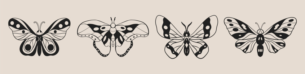 Butterflies vector set. Cartoon moth and butterfly silhouettes abstract simple shapes, creative fashion doodle icons. Vector isolated set