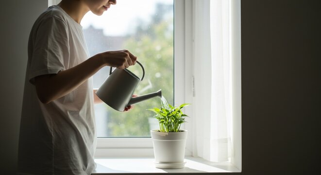 Person Watering Plant by Window