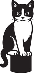 Obraz premium Cat sitting on cylinder black and white design, Seated cat pet illustration in black