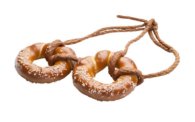 Fototapeta premium Traditional soft pretzel necklace with three miniature pretzels in a German style Isolated on Transparent Background PNG