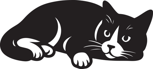 Lying down cat silhouette black and white, Relaxed cat figure flat design