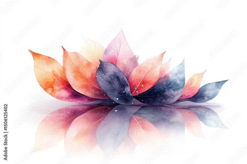 Poster beautiful watercolor leaves arranged in a lotus shape reflecting on a surface in serene colors of or