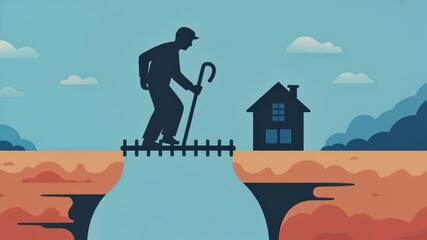 Silhouette of an elderly man carefully navigating a fragile bridge over a chasm, illustrating the challenges and perseverance in the journey towards retirement or the final stage of life