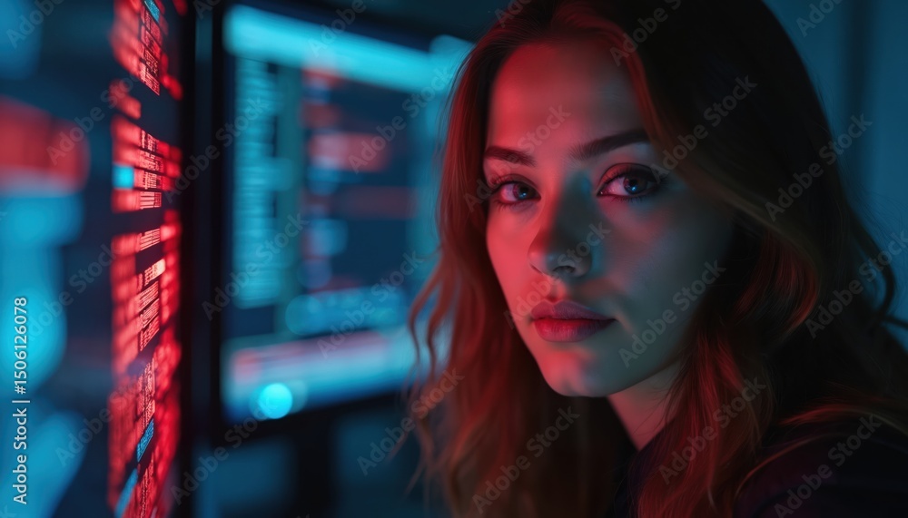 Poster woman cybersecurity expert working in modern tech environment. focus on security protocols, data pro
