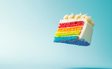 Floating slice of rainbow layer cake with white frosting against a blue background.