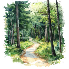 Forest Trail, watercolor clipart vector, high quality, isolated on a white background.