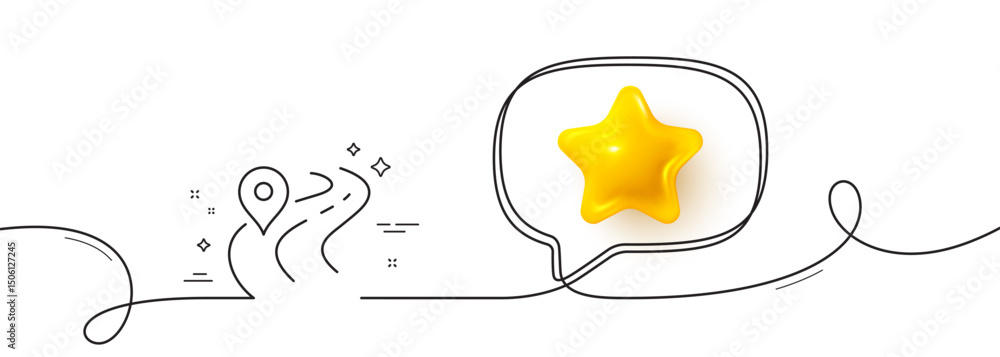 Poster road line icon. continuous line with 3d star. journey path sign. highway route gps symbol. 3d star i