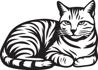 Striped cat relaxing black and white illustration, Resting tabby cat minimalist design