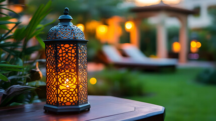Ornate lantern glows at dusk, resort garden