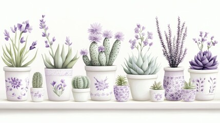 Obraz premium Small cacti and succulents in white ceramic containers with lavender flowers on a pale surface. Soft colors of pots and plants bring a serene, calming feel.