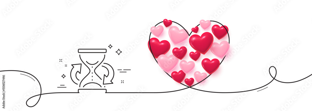 Poster time hourglass refresh line icon. continuous line big heart. sand watch sign. 3d hearts in heart sha