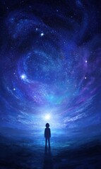 Fototapeta premium Little boy stands beneath a vast, colorful galaxy with bright stars and glowing light at night