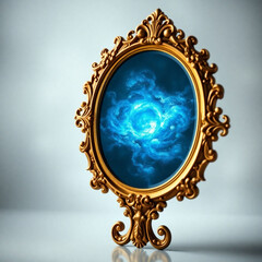 Ornate gold framed oval mirror reflecting a swirling blue nebula against a light background created with generated ai