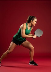 Woman Engaged in Competitive Pickleball Stance on Red Background