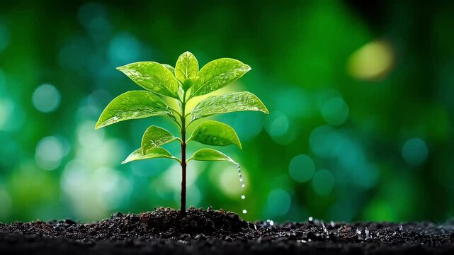 Watering New Plant - Fresh, Nurturing, Hopeful - A hand gently watering a young plant, with droplets of water cascading over its vibrant green leaves. The sunlight shines through, casting a soft glow 