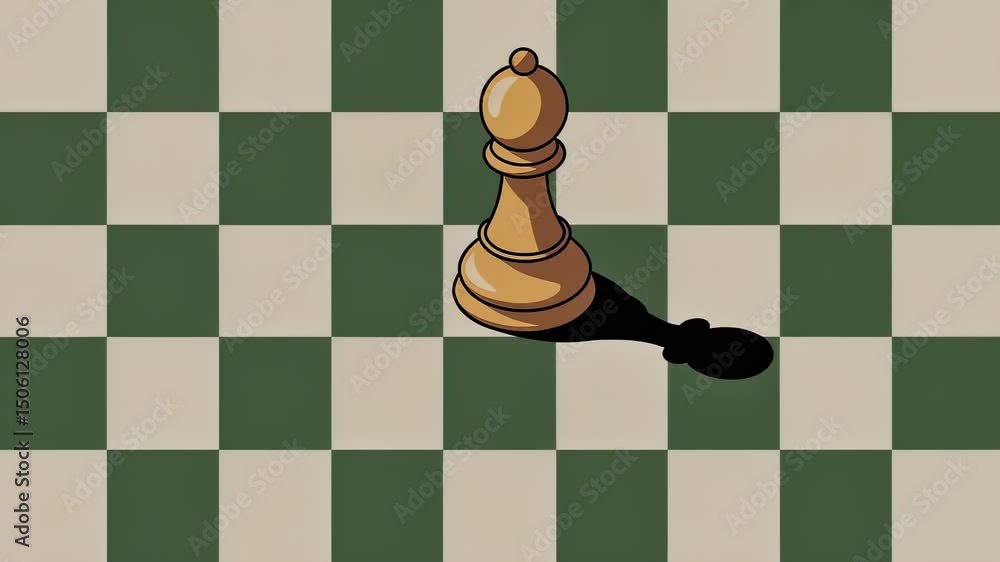 Poster white pawn chess piece stands on green and beige checkered board casting a distinct shadow, creating
