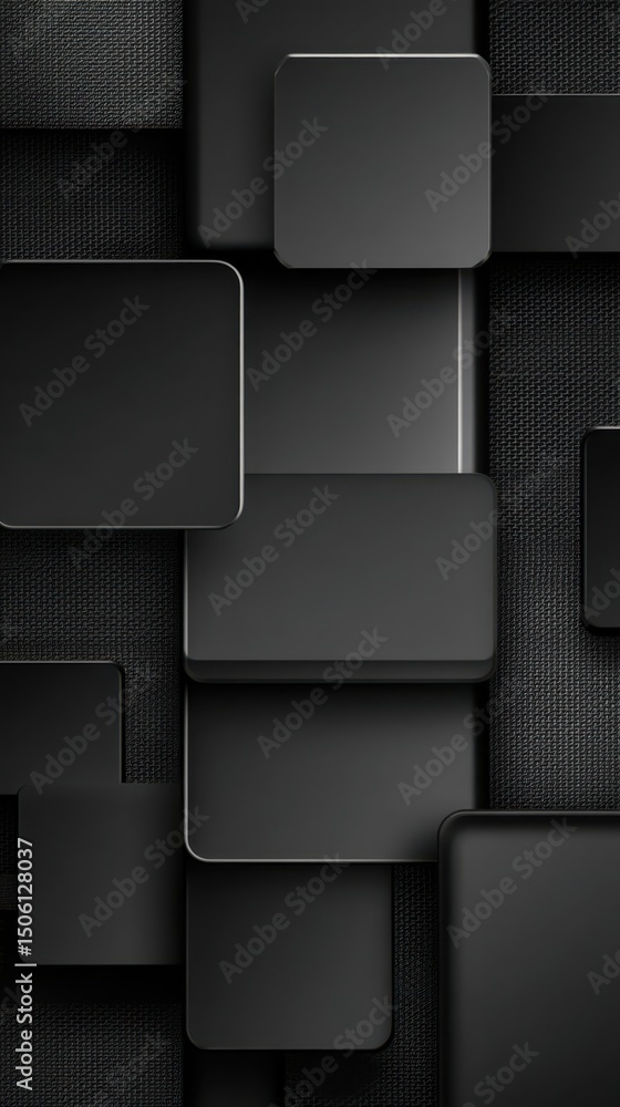 Poster black background features dark cubes with rounded edges and textured surfaces
